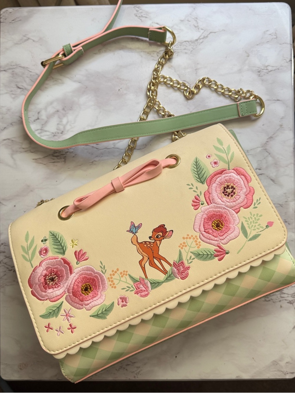 NWOT Loungefly Disney Bambi Springtime Floral Green Gingham Crossbody Bag